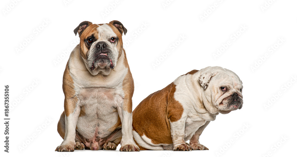 Obraz premium Two english bulldogs sitting portrait on white background