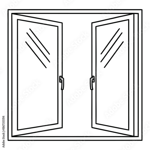 Open double doors with glass panes and handles in a simple outline