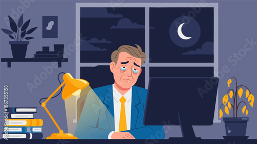 Vector illustration of a stressed businessman working late at night, feeling overwhelmed at his desk with computer and lamp, depicting burnout and mental fatigue