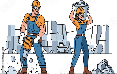 Construction workers at quarry site, male using jackhammer, female carrying stones, teamwork, hard labor, industry, safety, equipment, outdoor scene