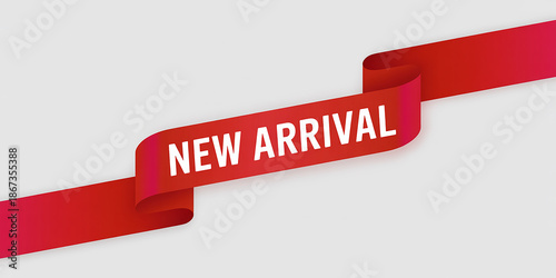 Red ribbon banner with white text NEWARIVAL angled on white background new arrival