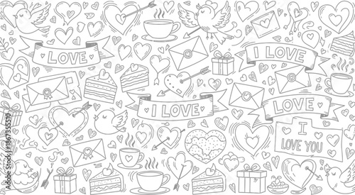 A delightful collection of love themed doodles and illustrations for coloring