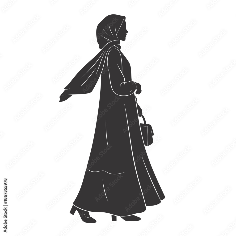 Naklejka premium Woman silhouette wearing hijab and modest fashion walking with bag