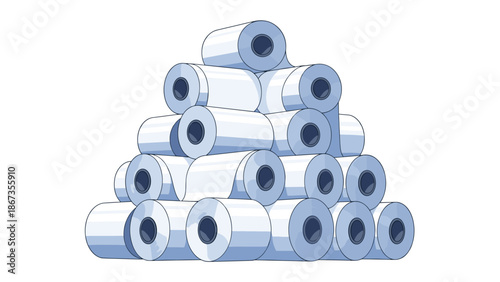 A large pyramid-shaped stack of white paper rolls or toilet paper rolls, presented against a plain white background.