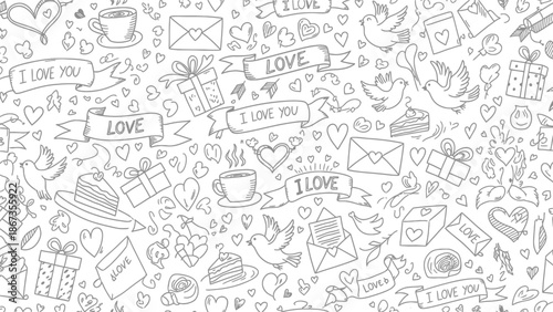 Charming black and white doodle pattern with love themes and sweet treats