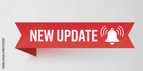 Red ribbon banner with white text NEWUPDATE and notification bell icon new update