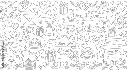 Doodle style illustration of romantic love elements hearts gifts and letters