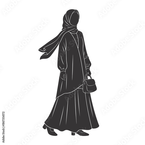 Woman silhouette in hijab and long dress holding fashion bag