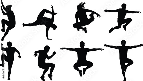 Dynamic dance silhouette collection, energetic male and female jump poses isolated black vector illustration set for fitness motion design