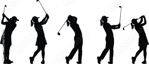 Female golf player silhouette collection, swinging club action poses, sports vector illustration set isolated on white background design elements art