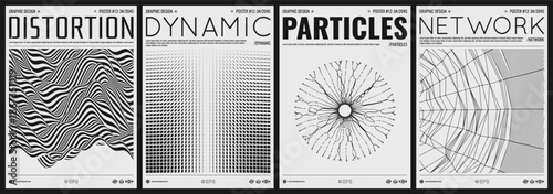 Grid. Cobweb. Small particles on radial lines diverge from the centre. Cover design template. Transition effect. Black and white. Copy space. Vector for brochure, poster, presentation, flyer or banner