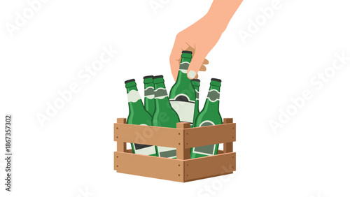 A hand picks a green glass bottle from a wooden crate filled with several similar bottles, against a white backdrop.
