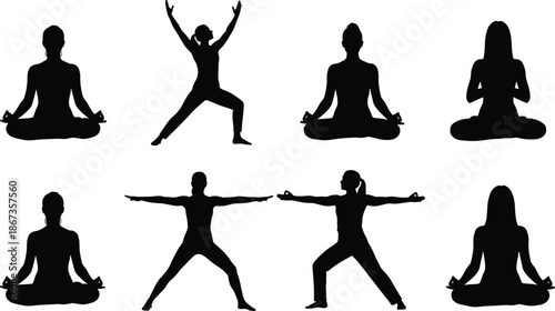 Yoga silhouette collection, female meditation and warrior poses, calm wellness fitness practice isolated black vector illustration set for healthy lifestyle