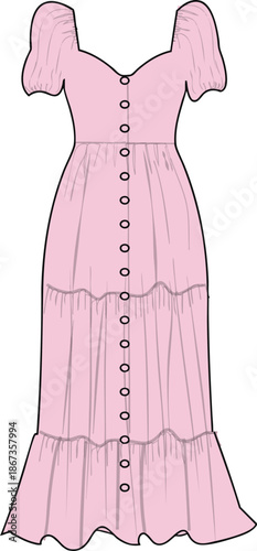 Pink Dress Garment Flat clothing technical drawing cads fashion design apparel outline v neck eyelash lace trending vector designer  women illustration croquettes mock up girls pretty maxi dress