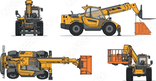 Flavector, yellow telehandler multiple views, extendable boom attachments, construction lifter, rough terrain vehicle, operator cab