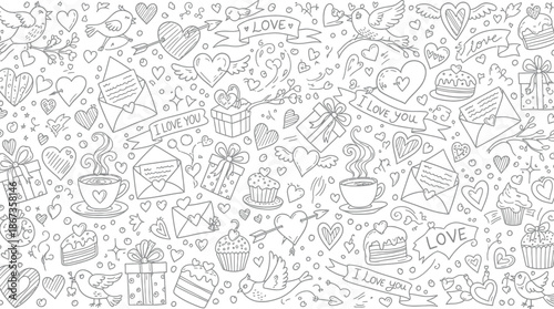 A delightful black and white doodle pattern of love themed illustrations