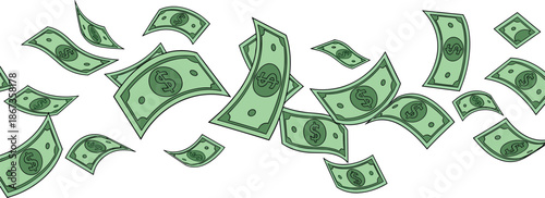 Flying dollar bills in motion with white background for finance, wealth and money concept – flavector