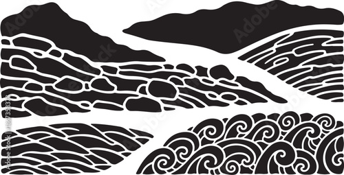 Black and White Mountain Landscape with Swirling River
