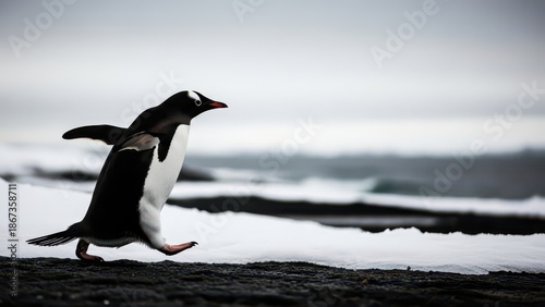 Gentoo penguin walking on snow in Antarctica landscape