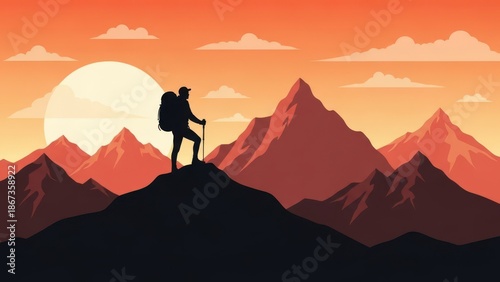 Hiker reaching the mountain summit at sunset illustration
