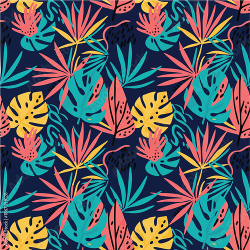 Tropical leaves pattern in vibrant colors on dark blue background with seamless texture for textile design