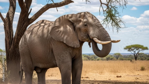 African elephant feeding on acacia tree branches in savanna