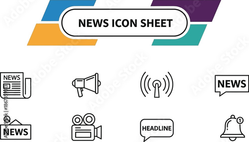 Black outline icon sheet of essential communication and breaking news media symbols