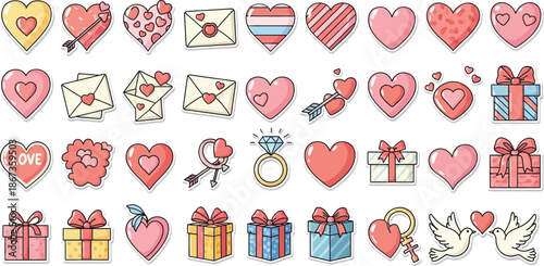 Collection of colorful hand drawn hearts love letters gifts and romantic symbols