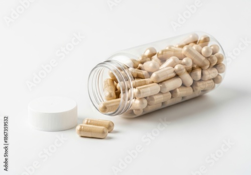 Clear plastic bottle filled with beige capsules isolated on white background