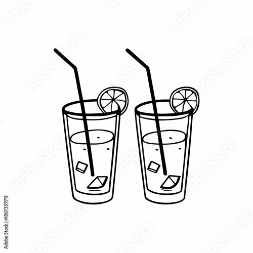 A glass of cold juice or soda with ice and a straw