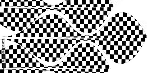 Retro psychedelic checkered wallpaper. Trippy checkerboard background. Wavy groovy chessboard surface. Distorted geometric grid chess pattern.