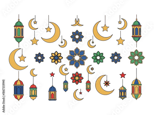 Colorful Ramadan decorations featuring lanterns, crescent moons, stars, and flowers hanging in a festive arrangement.