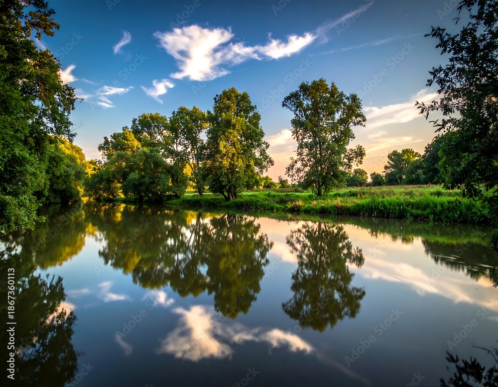 Fototapeta premium Calm river reflects the sky and trees in the still water under a blue sky with some white clouds