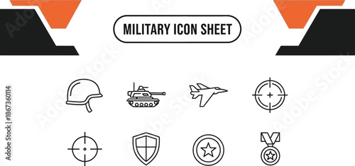 Black outline icon sheet of military and army equipment and service symbols