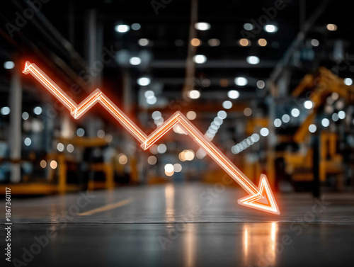 Economic Downturn: An illuminating, downward-pointing arrow symbolizes the economic downturn and a struggling economy. The image, set against the backdrop of an industrial plant.