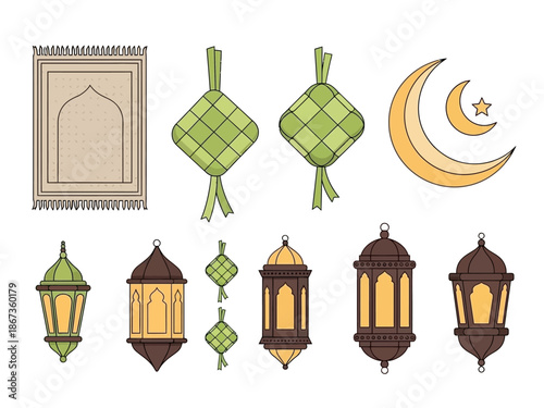 Illustration of Islamic cultural symbols including lanterns, crescent moon, and prayer mat.