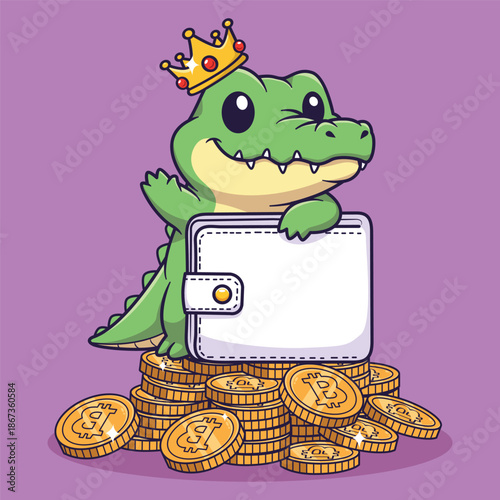 Cute Cartoon Crocodile King with Crown and Bitcoin Coins Behind White Wallet Vector Illustration
