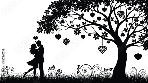 A romantic silhouette of a couple kissing under a tree with heart shaped ornaments