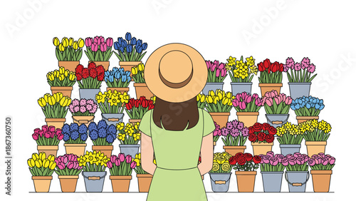 A person wearing a straw hat and a green dress looks at a colorful display of potted flowers, suggesting a market or garden.