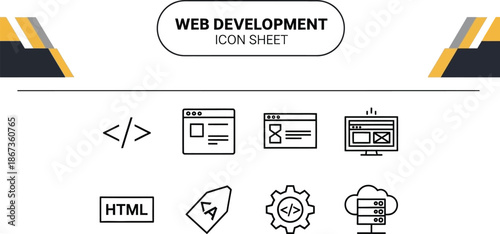 Black outline icon sheet representing web development coding and server infrastructure