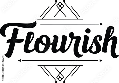 Vintage typographic vector of Flourish wordmark decorative geometric emblem for branding packaging apparel posters labels marketing designs