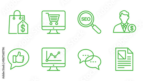Set of eight green linear marketing icons including sales ecommerce seo business analytics communication content and feedback icons on white background