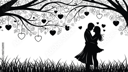 A romantic couple embraces beneath a tree adorned with delicate hearts