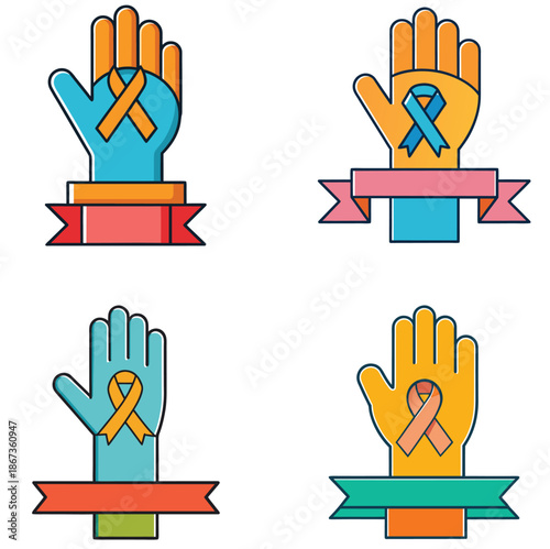 Raised hand with ribbon symbol, colorful flat style