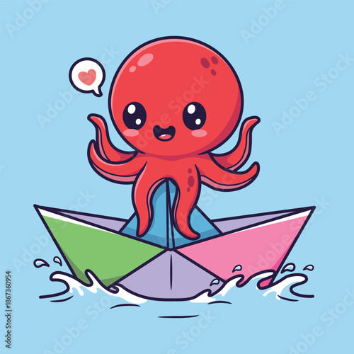 Cute Cartoon Octopus Standing on Colorful Origami Paper Boat with Heart Symbol Vector Illustration