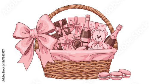 A charming gift basket filled with pink-themed items like teddy bear, bottles, boxes, and macarons, tied with a large bow.
