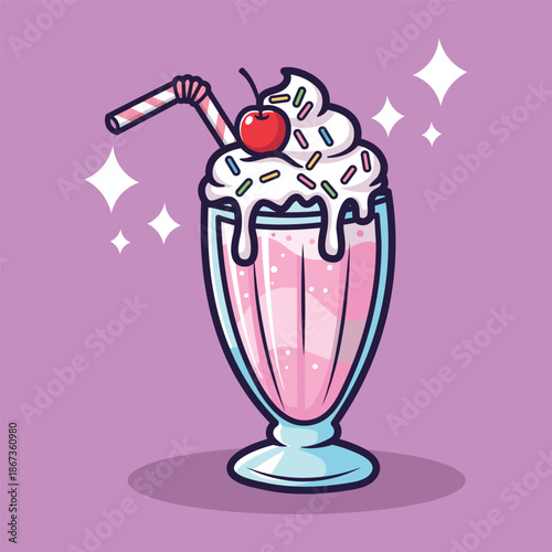 Cute Cartoon Pink Milkshake with Whipped Cream, Sprinkles, Cherry, and Straw Vector Illustration
