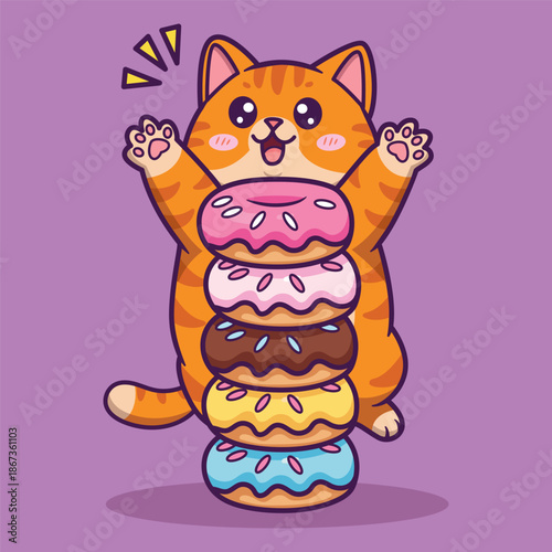 Cute Cartoon Orange Tabby Cat Behind Colorful Donut Stack with Happy Expression Vector Illustration