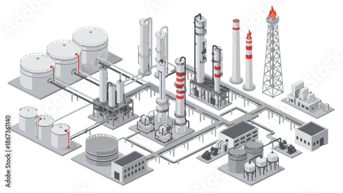 Industrial Complex Vector Illustration A Detailed Overview of Petrochemical Plant Operations and Infrastructure