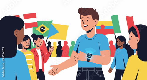 Multicultural Crowd Connected via Technology for Global Communication Event Illustration